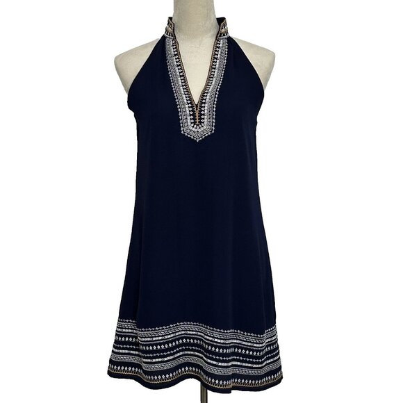 THML Women's Embroidered A Line Dress Sleeveless Lined Size S Dark Blue Vacation - Picture 1 of 10